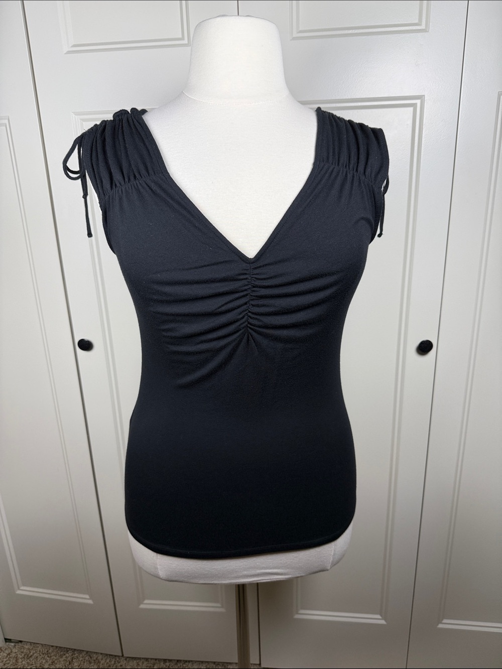 a new day Black Ruched V-Neck Tank Top with Tie Shoulders XXL